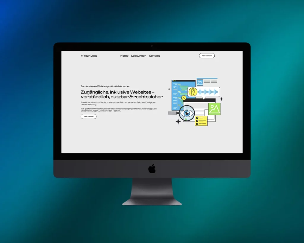 Illustration eines modernen Laptops mit einer barrierefreien Website auf dem Bildschirm – klare Struktur, kontrastreiche Farben und lesbare Typografie.