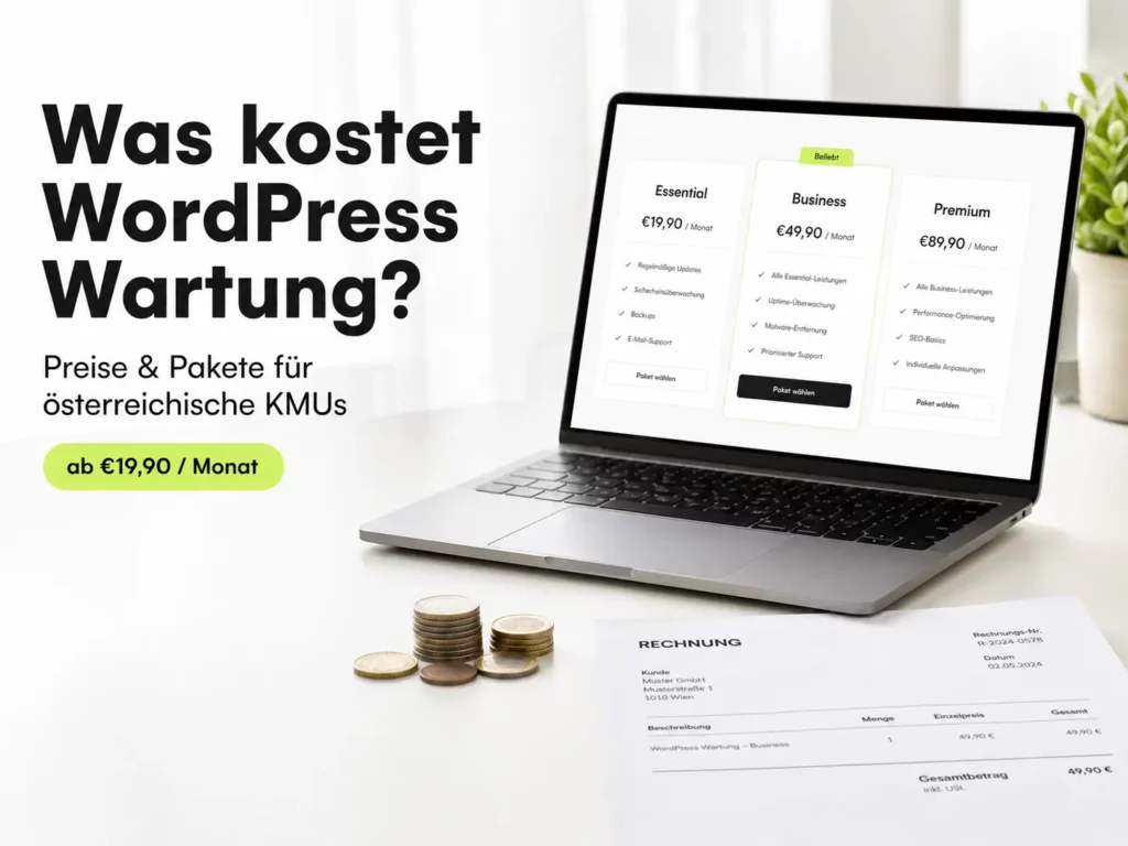 Laptop mit Preistabelle für WordPress Wartungspakete – Essential, Business und Premium ab €19,90 pro Monat