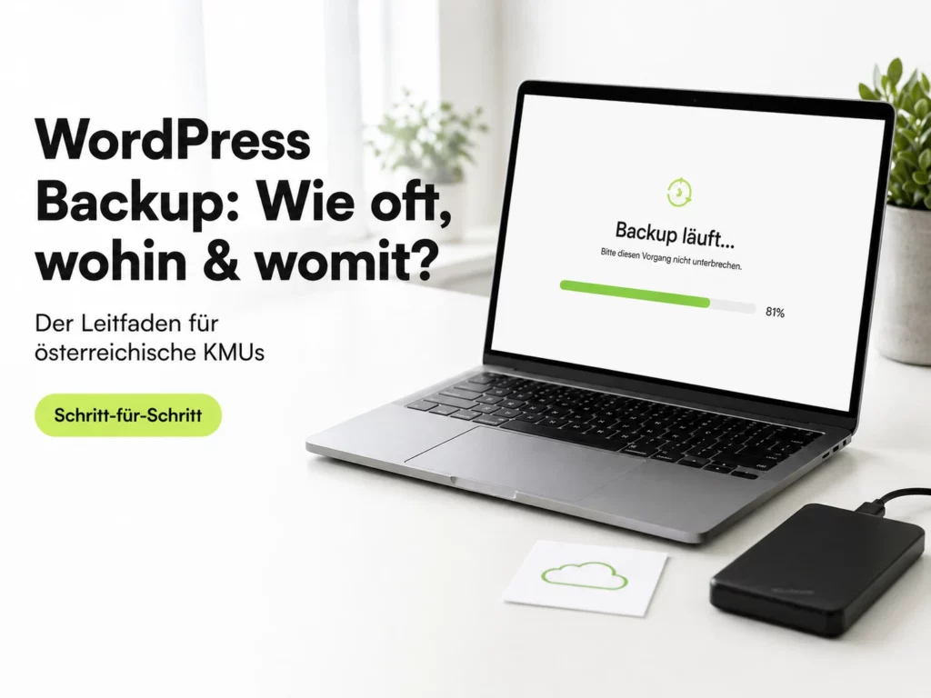 Symbolbild für WordPress Backup – externe Festplatte und Laptop mit Sicherungsfortschritt auf dem Bildschirm