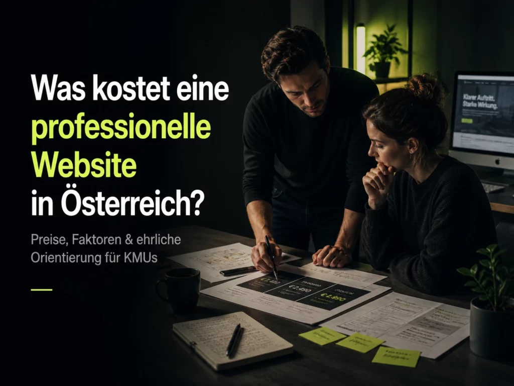 Zwei Personen planen eine professionelle Website und besprechen Website-Kosten in Österreich