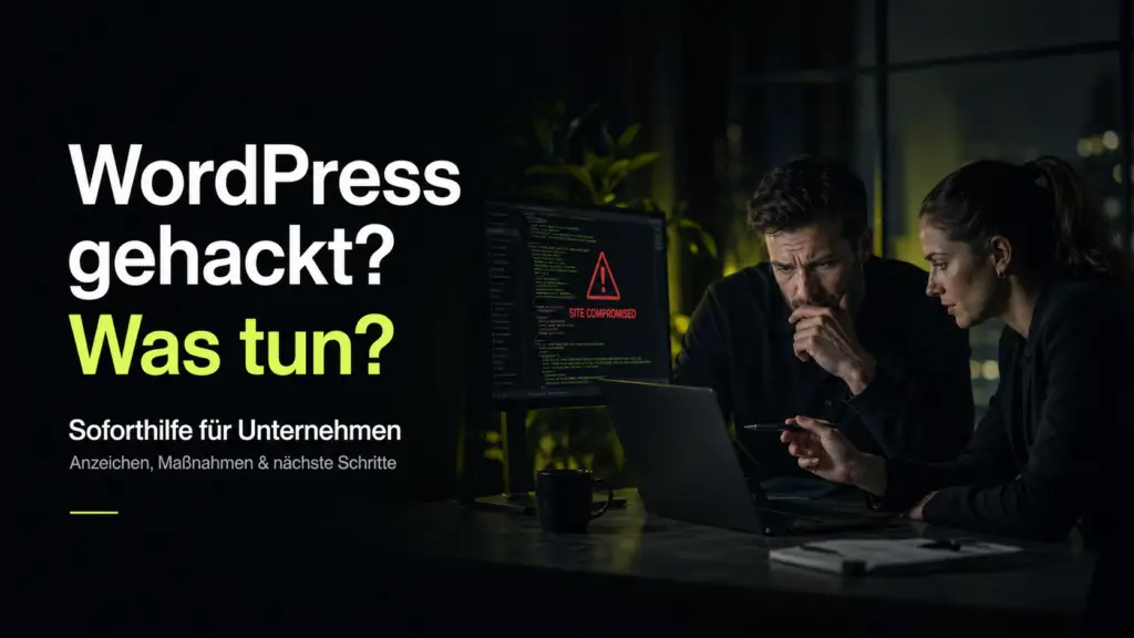 Zwei IT-Fachleute analysieren eine gehackte WordPress-Website und prüfen Schadcode, Malware und Sicherheitswarnungen.