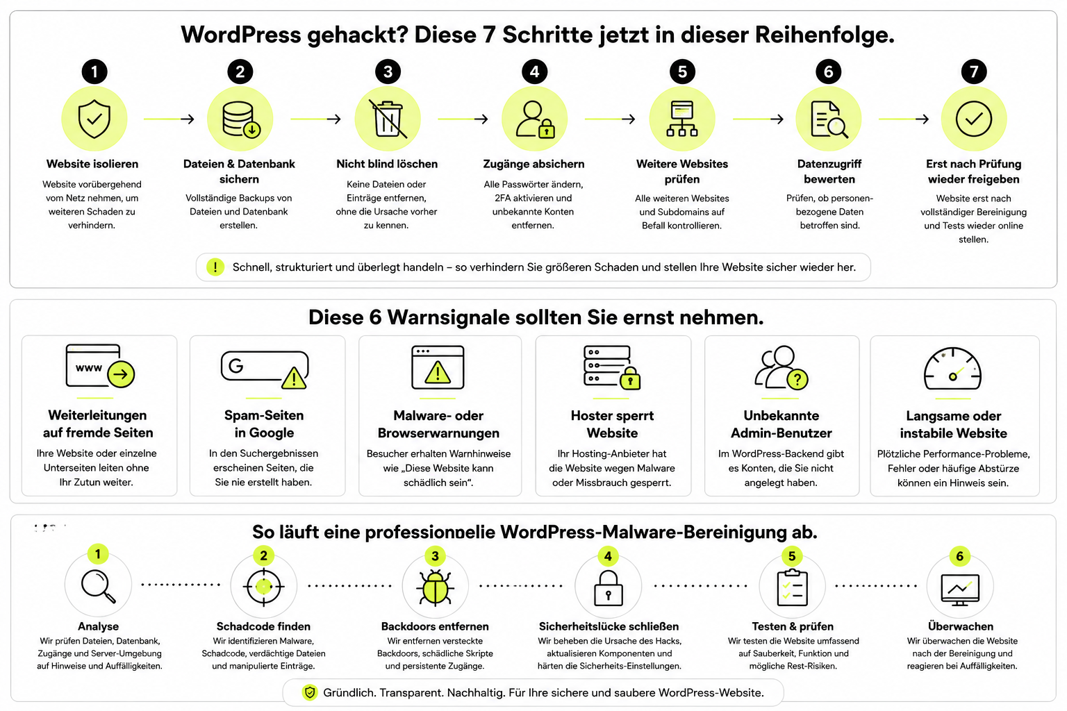WordPress gehackt: Prozessgrafik zur professionellen Malware-Bereinigung von der Analyse bis zur anschließenden Überwachung.